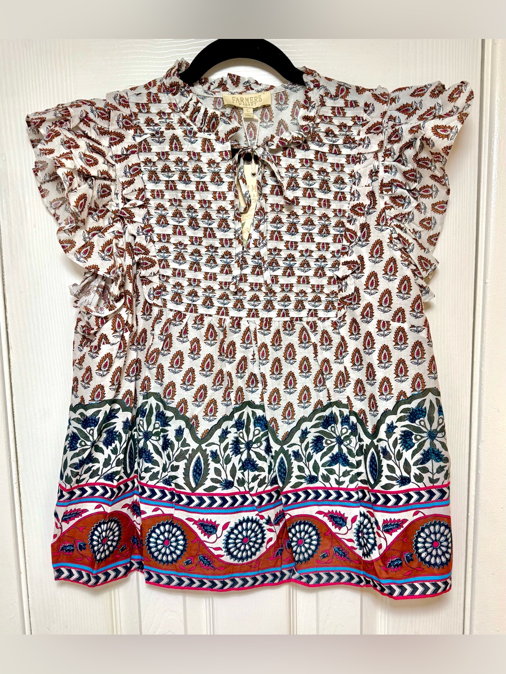 Farmer’s Market White Paisley Border Ruffle Sleeve Peasant Top